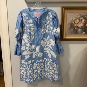 Calypso St. Barth Blue Embroidered Organic Cotton Boho Mini Knee Length Dress S